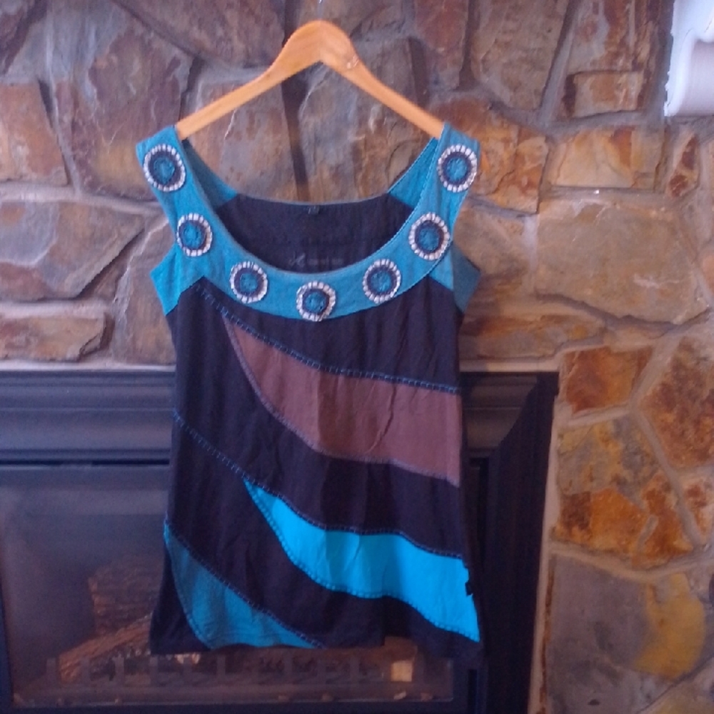 Hand Crafted In Nepal Beautiful Embroidery Details Brown Blue Black 100% Cotton